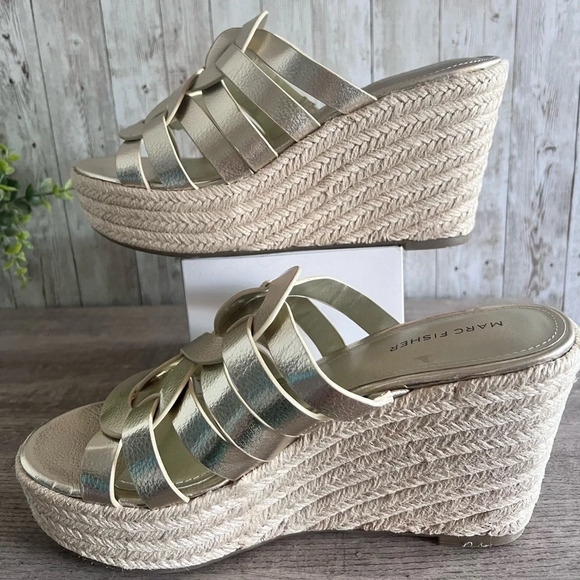 Marc Fisher Cazzie Gold Espadrille Wedge Sandals - Picture 3 of 8
